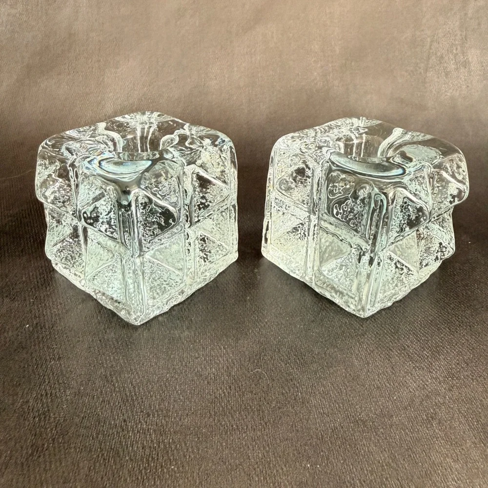 Blenko 802S Crystal Ice Glass Taper Candle Holders Pair 1980 MCM‎